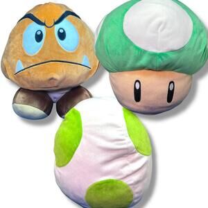 Club Mocchi Mocchi Super Mario Plush Lot – Goomba, 1-Up Mushroom & Yoshi Egg 15”